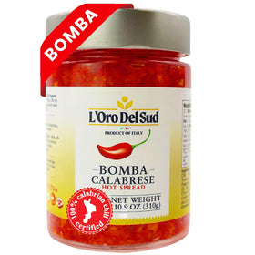 L'Oro Del Sud Bomba hot pepper sauce jar adds bold Calabrian heat.