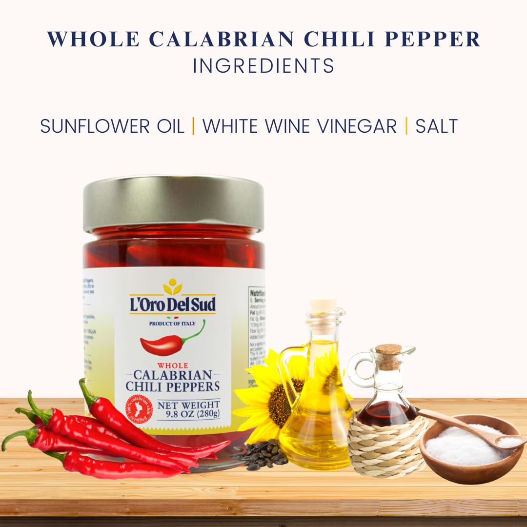 L'Oro Del Sud Calabrian peppers in oil closeup highlighting texture and color.