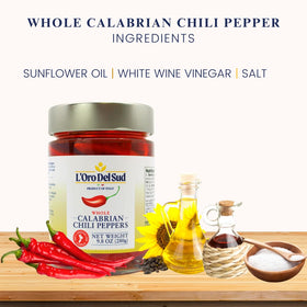 L'Oro Del Sud Calabrian peppers in oil closeup highlighting texture and color.
