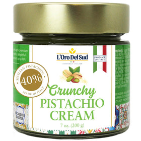 L'Oro Del Sud crunchy pistachio cream jar with visible nut pieces.