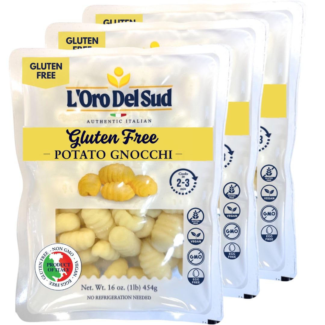 L'Oro Del Sud gnocchi pack shot showing a gluten-free 3-pack