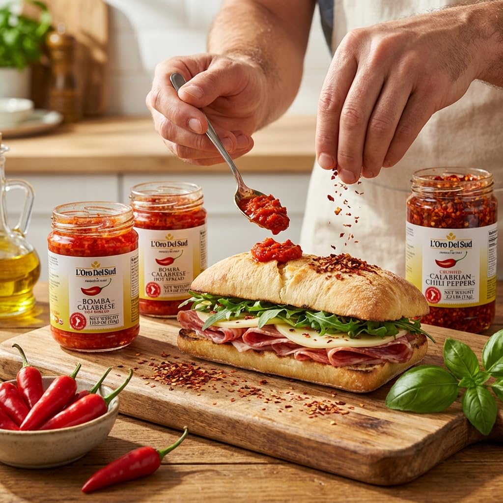 L'Oro Del Sud oil with Calabrian peppers showcases premium quality and aroma.
