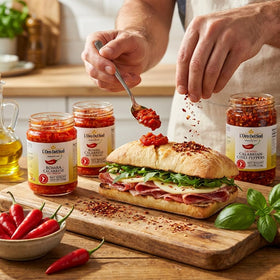 L'Oro Del Sud oil with Calabrian peppers showcases premium quality and aroma.