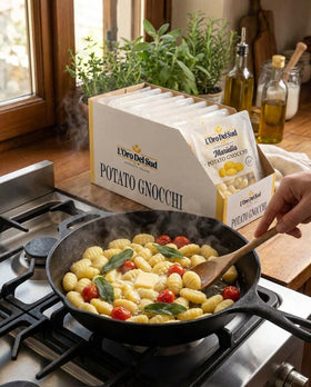 Opened vacuum pack showing fresh gnocchi ready to be drained.