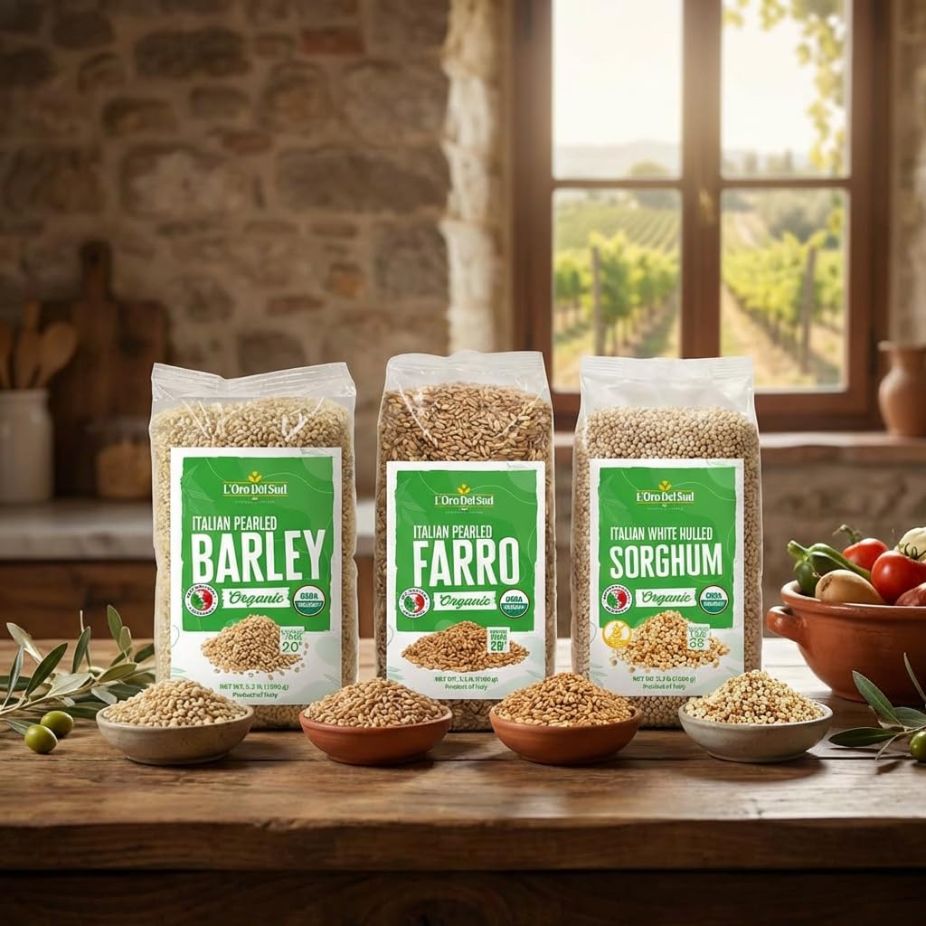 Pantry-ready L'Oro Del Sud barley bag welcomes bulk cooking and meal prep.