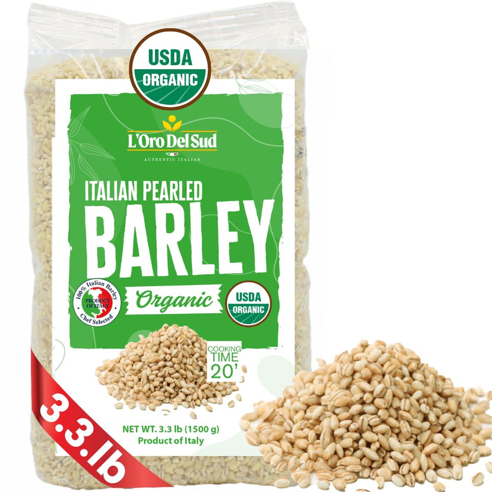 L'Oro Del Sud organic pearled barley bag for pantry storage and quick meals.