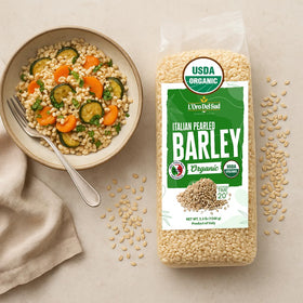 L'Oro Del Sud barley risotto with colorful vegetables and aroma.