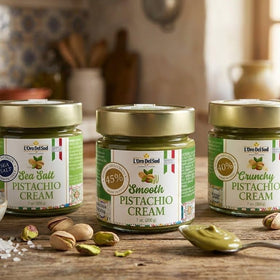 Cheese board featuring L'Oro Del Sud pistachio cream spread.