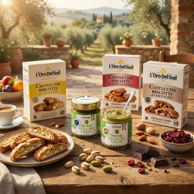 Packaging of L'Oro Del Sud pistachio cream emphasizing authenticity.