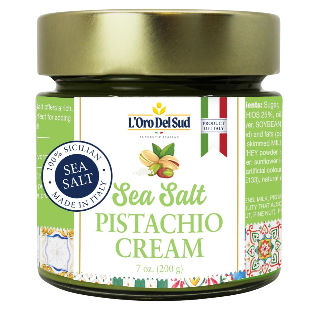 L'Oro Del Sud pistachio cream sea salt jar shows glossy texture and balanced flavor.