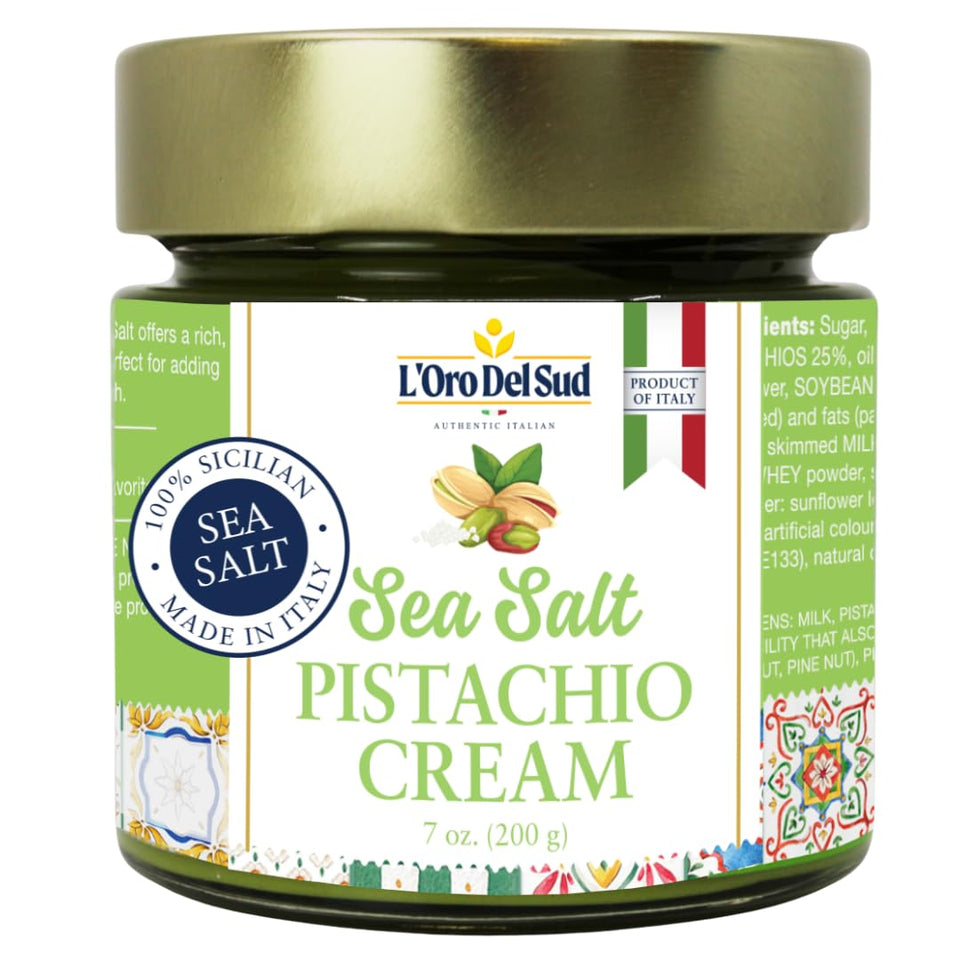 L'Oro Del Sud pistachio cream sea salt jar shows glossy texture and balanced flavor.