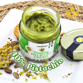 Pistachio spread texture close-up highlighting crunchy bits.