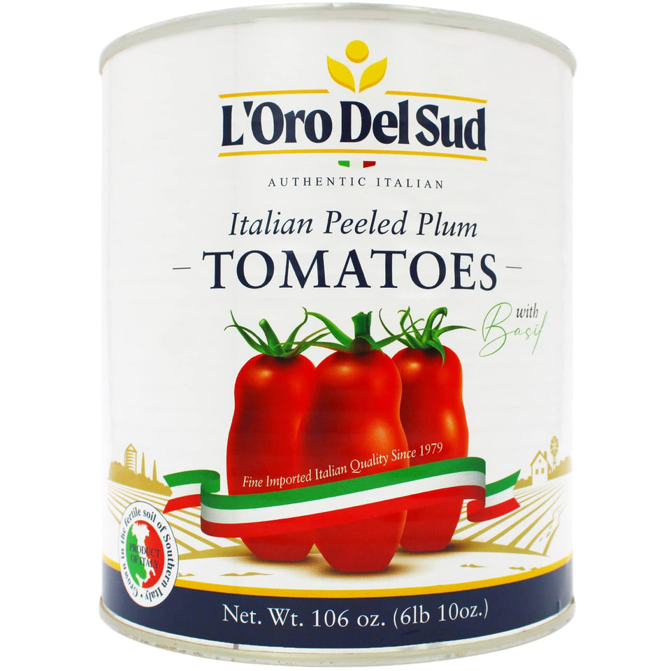 L'Oro Del Sud whole peeled tomatoes with basil in a can, ideal for rich sauces