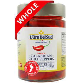 L'Oro Del Sud whole Calabrian chili peppers in oil for bold, authentic flavor.