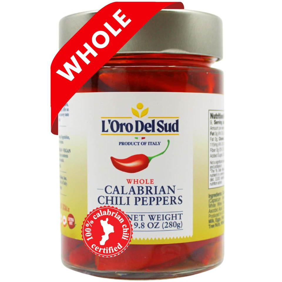 L'Oro Del Sud whole Calabrian chili peppers in oil for bold, authentic flavor.