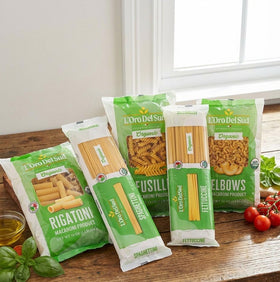 L'Oro Del Sud box features kosher and 100% durum wheat seals.
