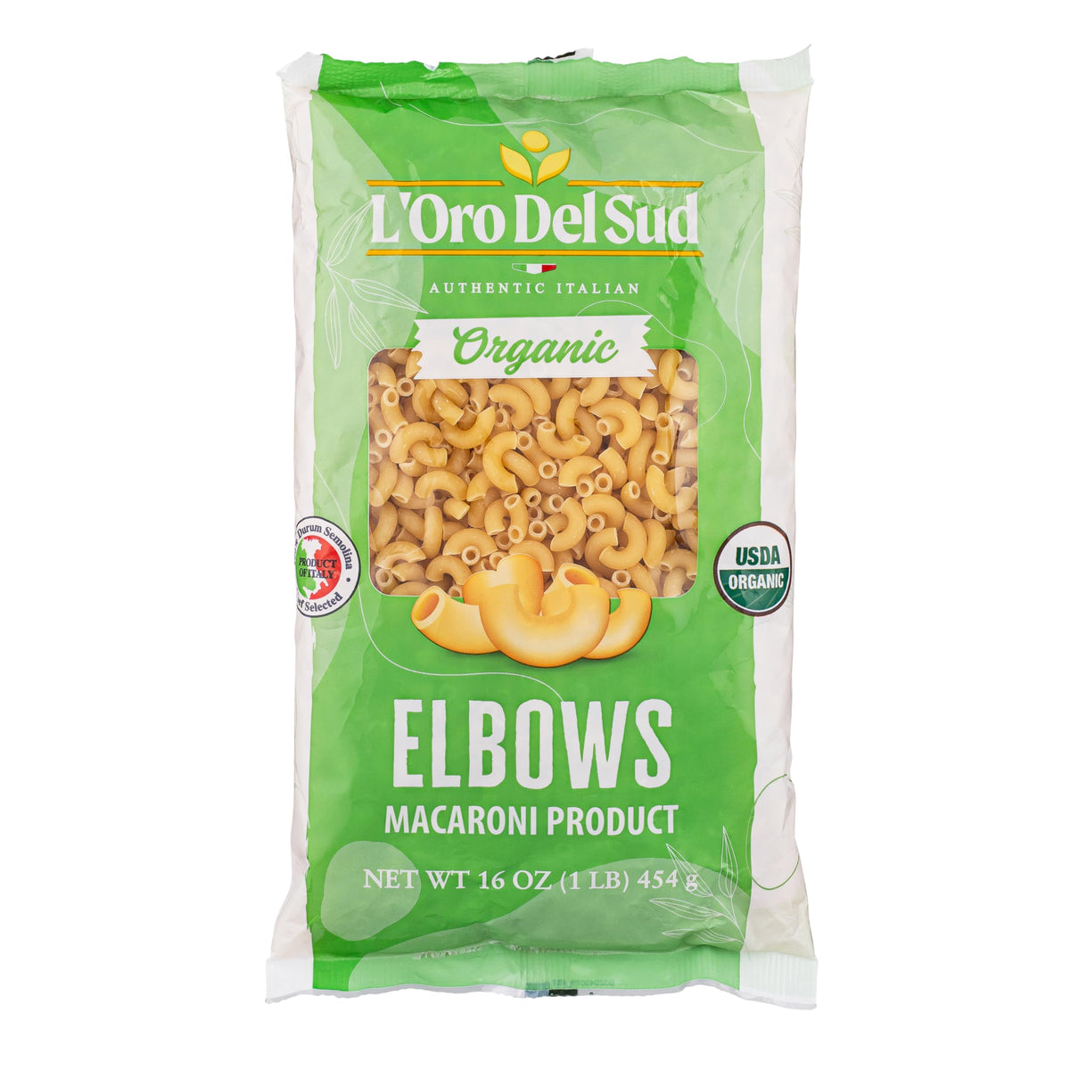 L'Oro Del Sud organic elbows pasta pack ideal for quick weeknight dinners.