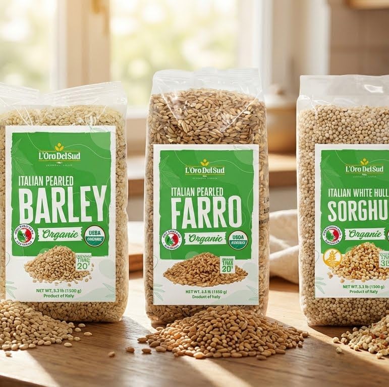 L'Oro Del Sud organic farro pearled warm grain as a comforting side.