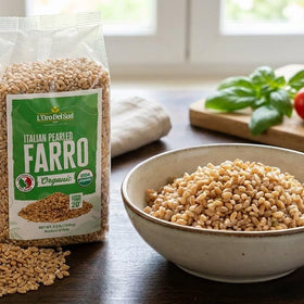 L'Oro Del Sud organic farro pearled nutrition label signaling clean ingredients.