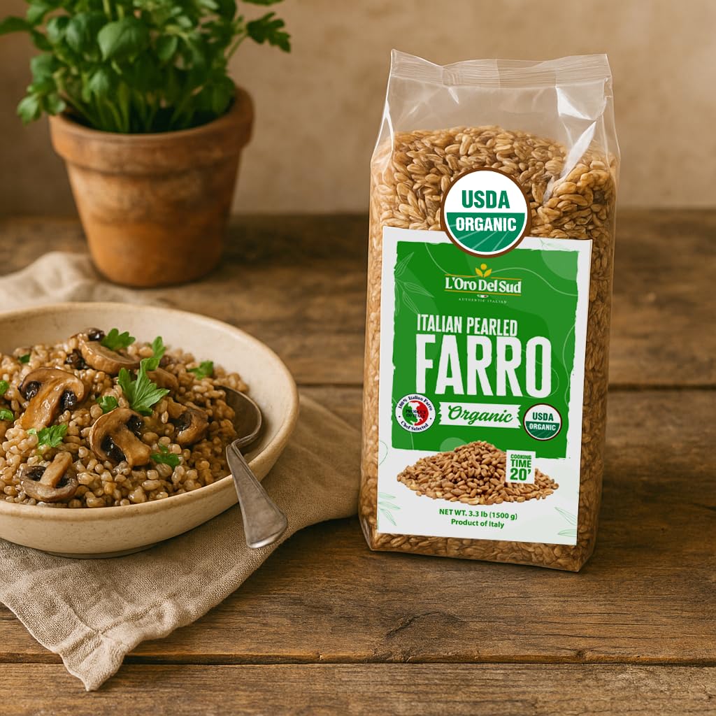 L'Oro Del Sud organic farro pearled on stove shows quick, hearty prep.