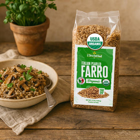 L'Oro Del Sud organic farro pearled on stove shows quick, hearty prep.