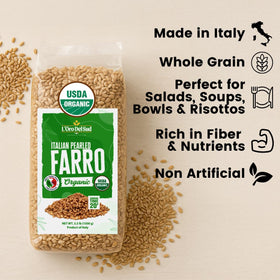 L'Oro Del Sud organic farro pearled salad bowl with vibrant vegetables.