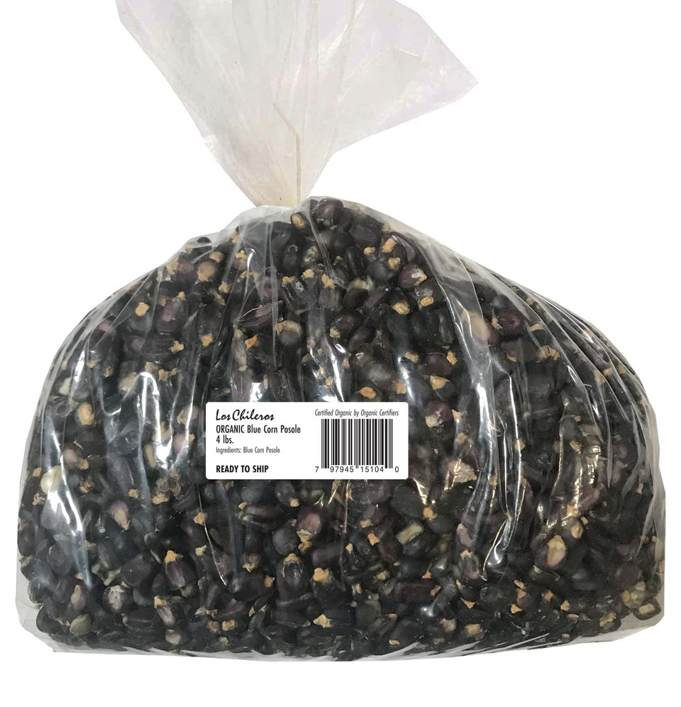 Los Chileros Organic Blue Corn Posole in a 4lb bulk bag for hearty gluten-free southwestern meals.