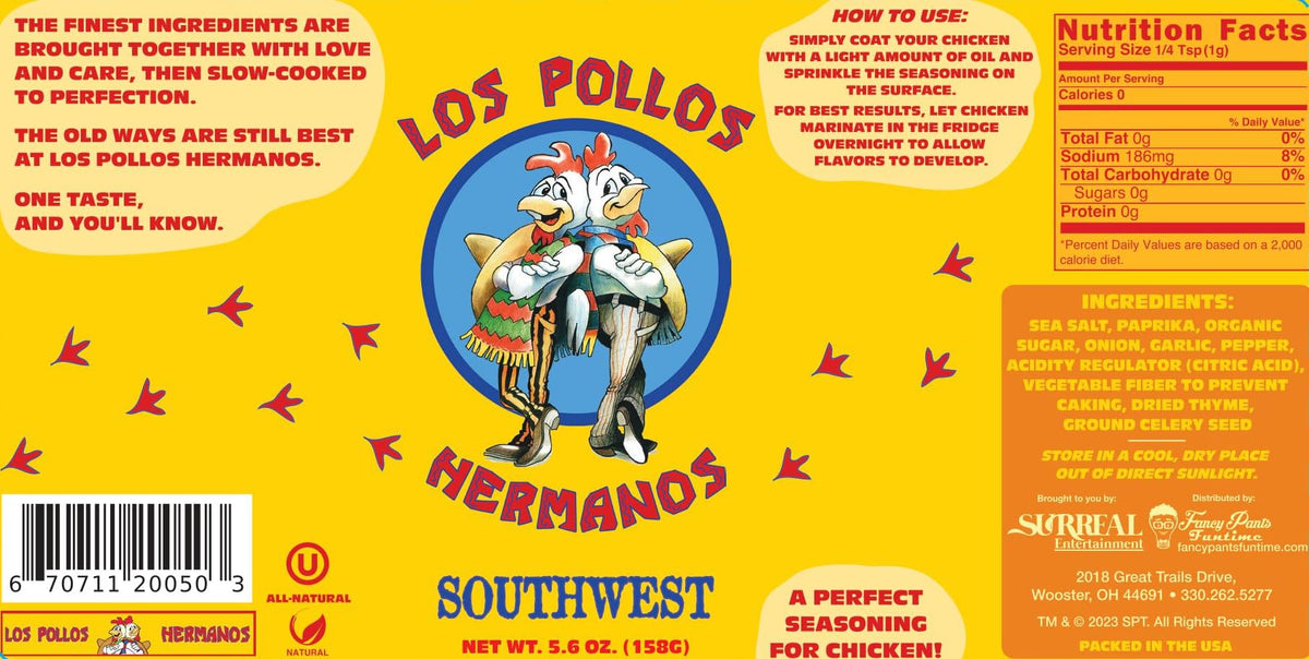 Los Pollos Hermanos seasoning packaging shows premium all natural blend.