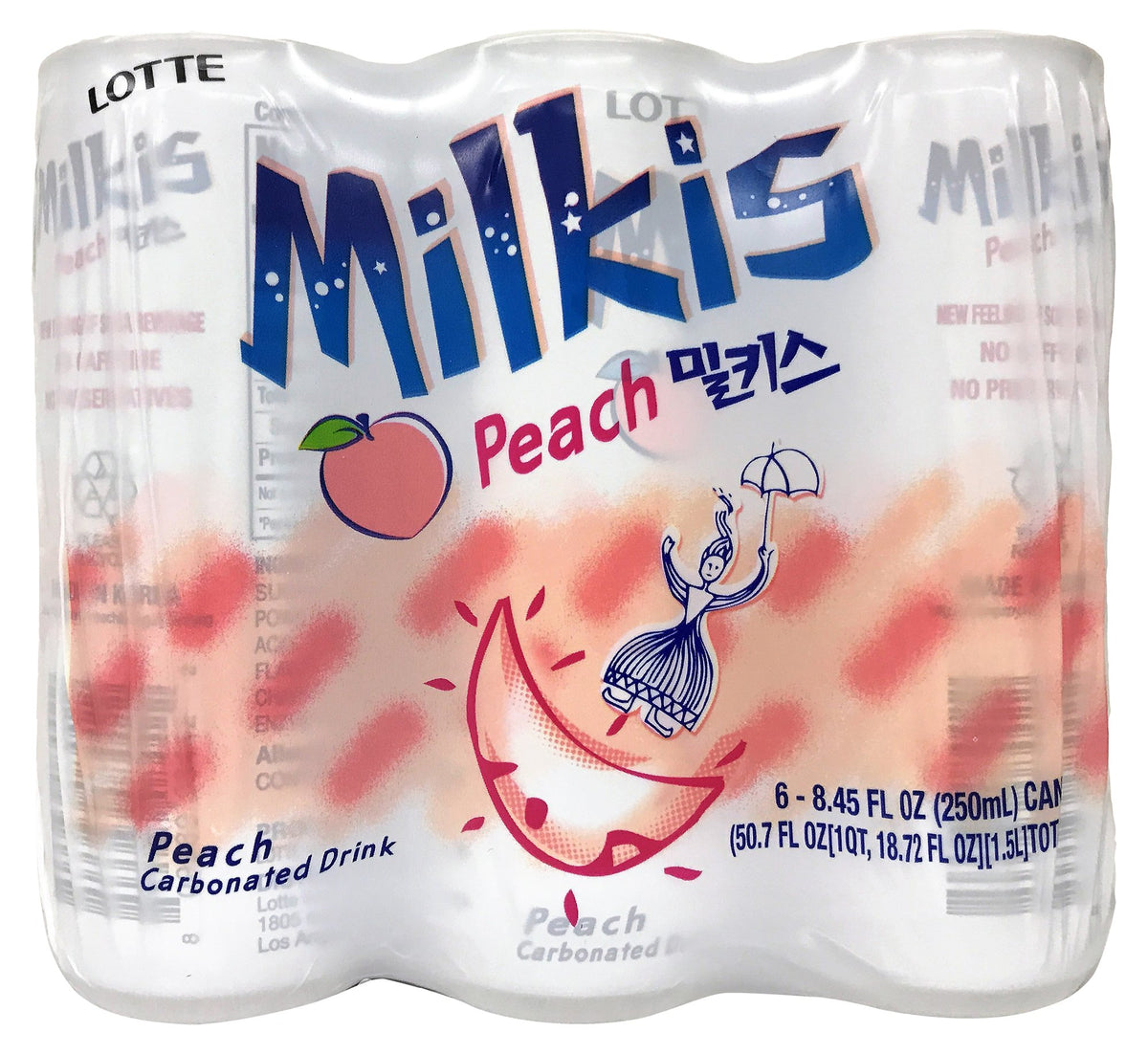 Lotte Milkis Peach soda bottle, refreshing peach flavor, ideal for sharing in a 6-pack.