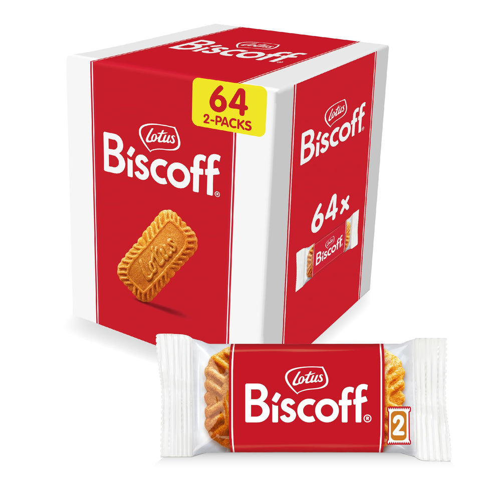 Lotus Biscoff cookies 64 two-pack packaging, ideal for sharing at the office or home.