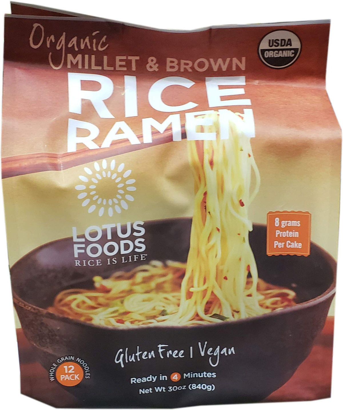 Lotus Brown Rice Ramen packaging shows gluten-free noodles for quick meals.