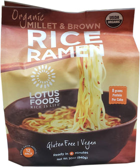 Lotus Brown Rice Ramen packaging shows gluten-free noodles for quick meals.