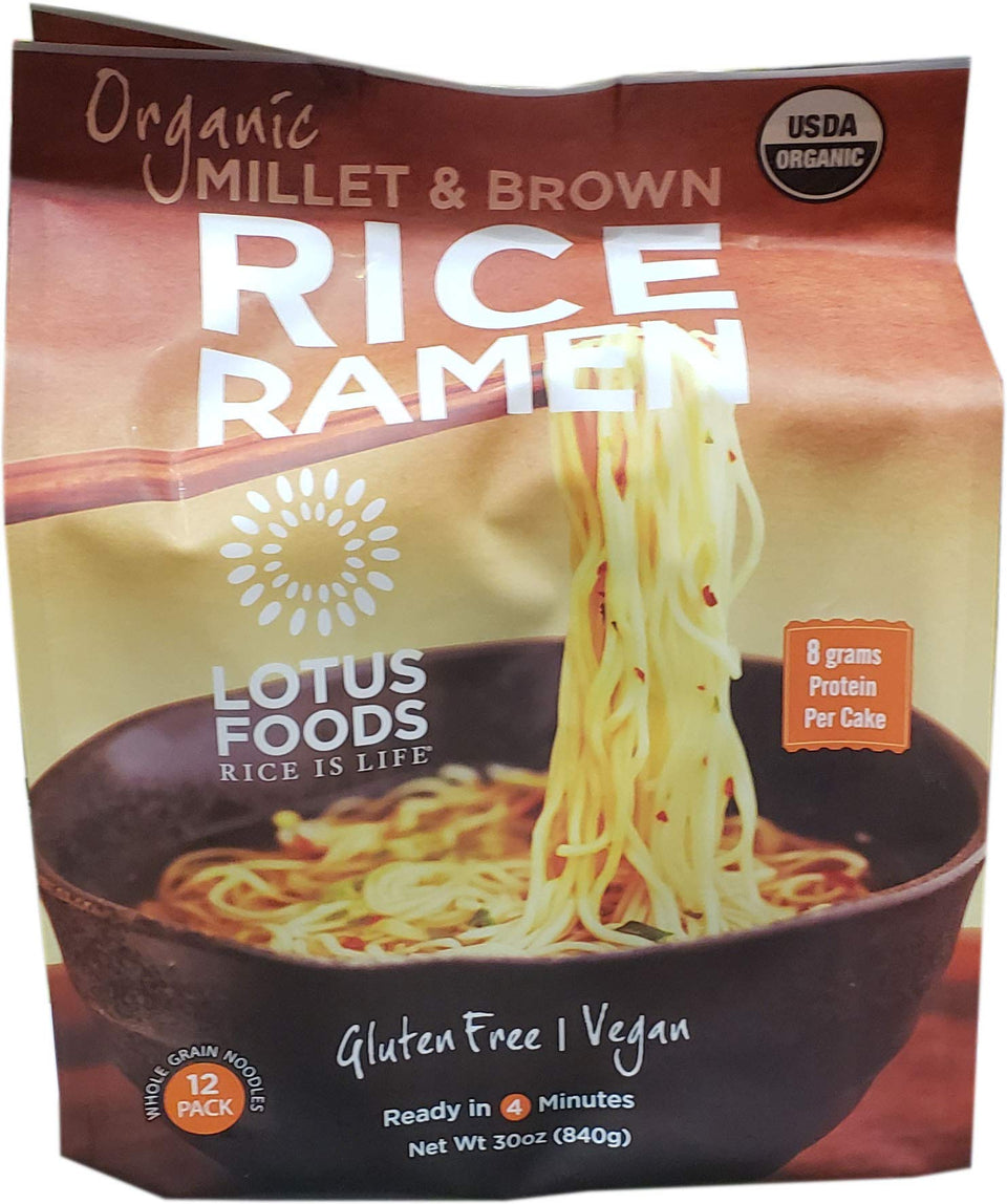 Lotus Brown Rice Ramen packaging shows gluten-free noodles for quick meals.