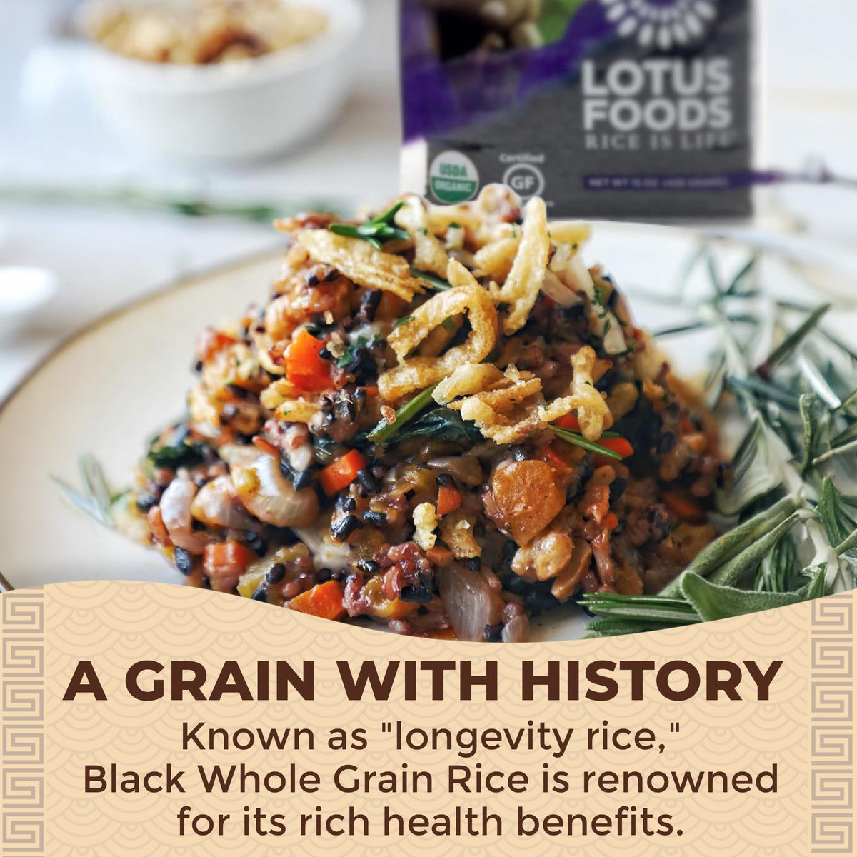 Lotus Foods black rice raw grains display deep purple-black color, great for pilafs.