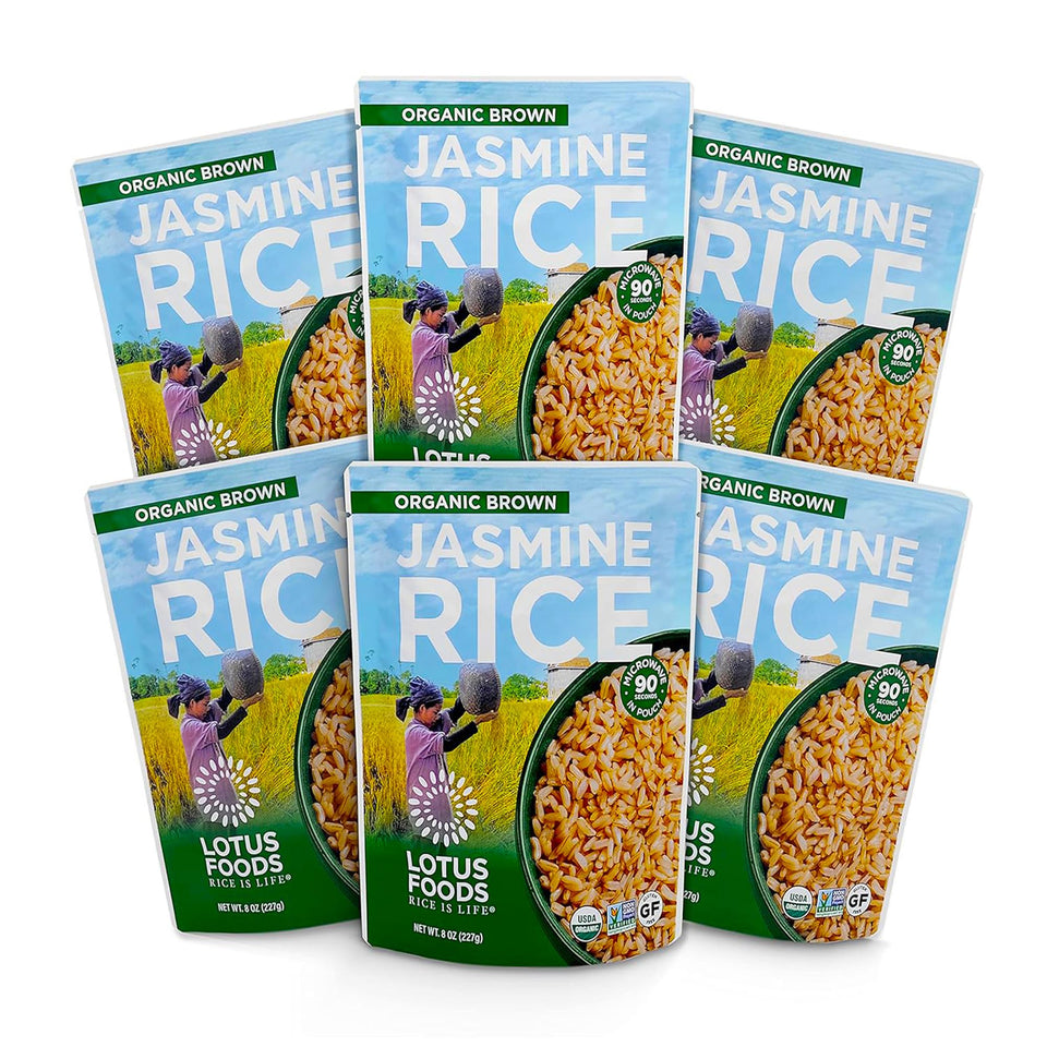 Lotus Foods brown jasmine rice pack highlighting organic, gluten-free ingredients for home cooking
