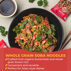 Raw buckwheat and brown rice soba noodles showing wholesome ingredients.