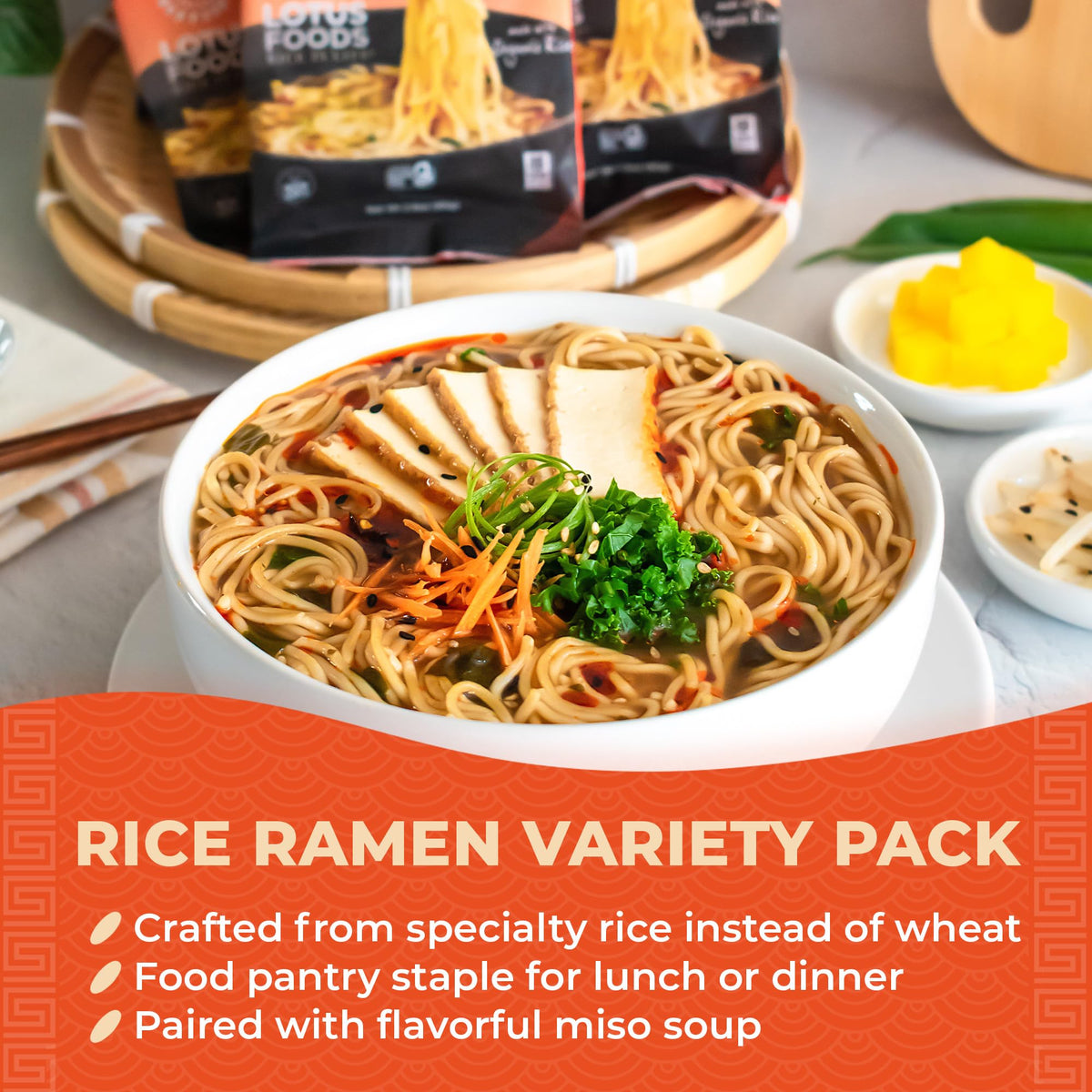 Lotus Foods Millet and Brown Rice ramen with vegetables, gluten-free option.