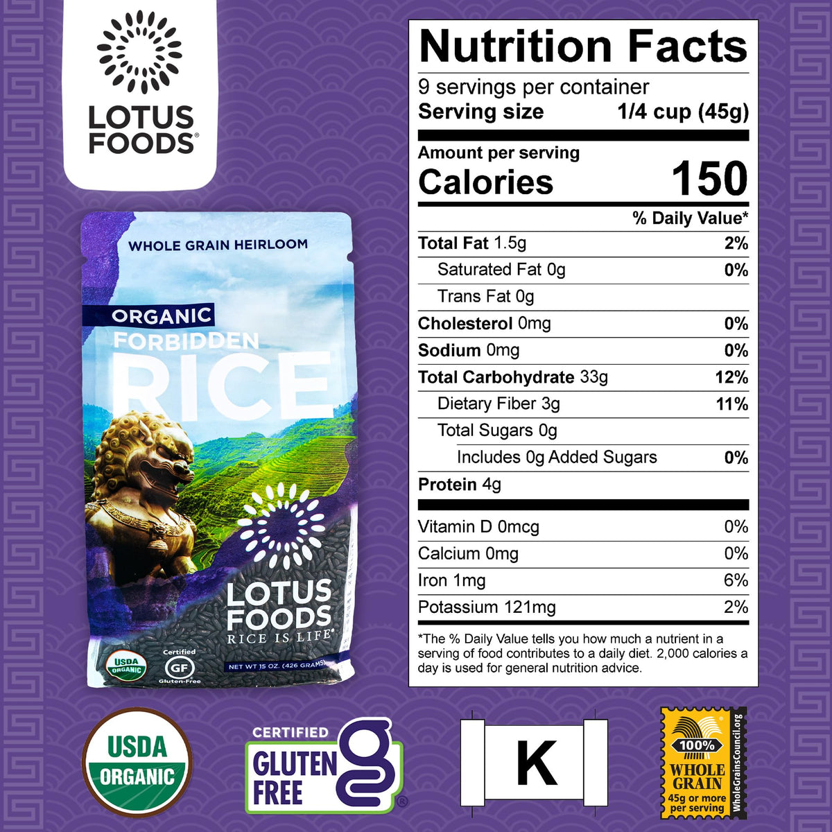 Lotus Foods Forbidden Rice cooked plate, vibrant purple-black grains