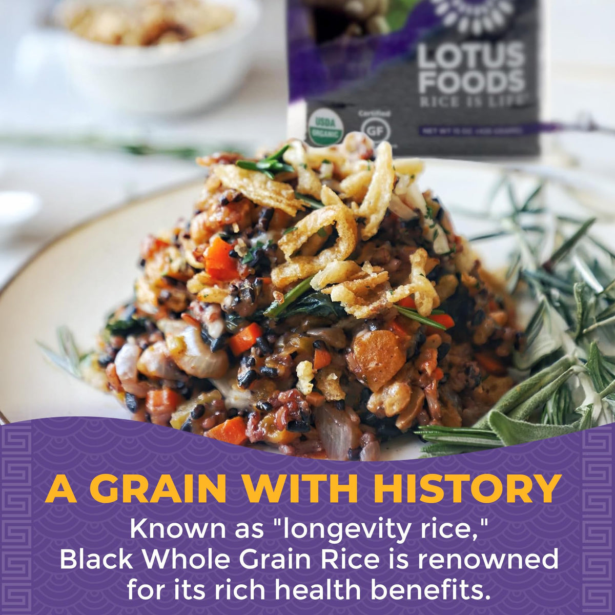 Lotus Foods Forbidden Rice grains close-up, rich whole grain texture
