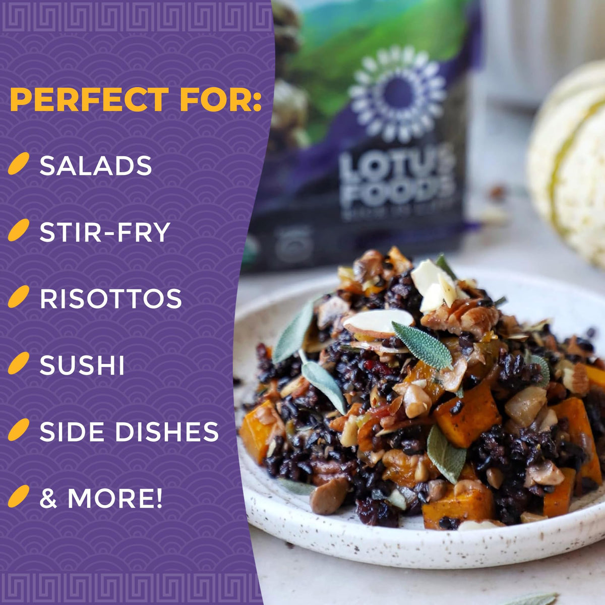 Lotus Foods Forbidden Rice stir-fry dish, versatile weeknight base