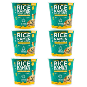 Lotus Foods garlicky veggie ramen cup—gluten-free noodles ready in minutes.