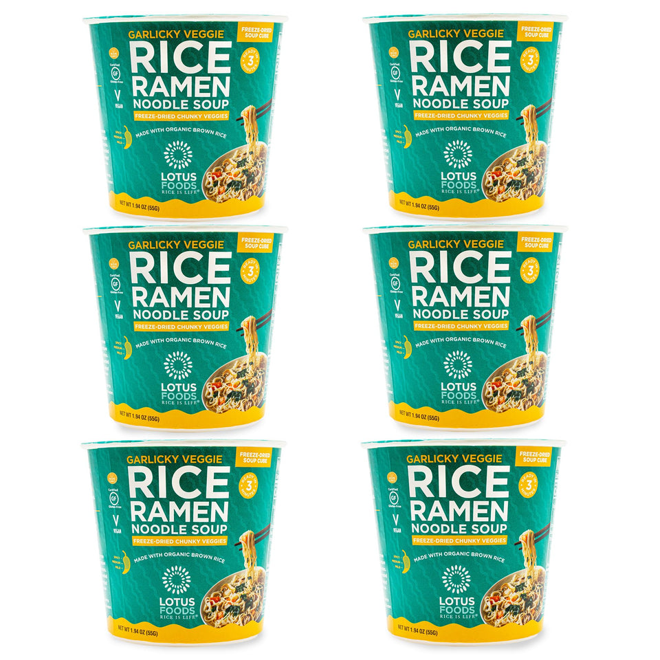 Lotus Foods garlicky veggie ramen cup—gluten-free noodles ready in minutes.