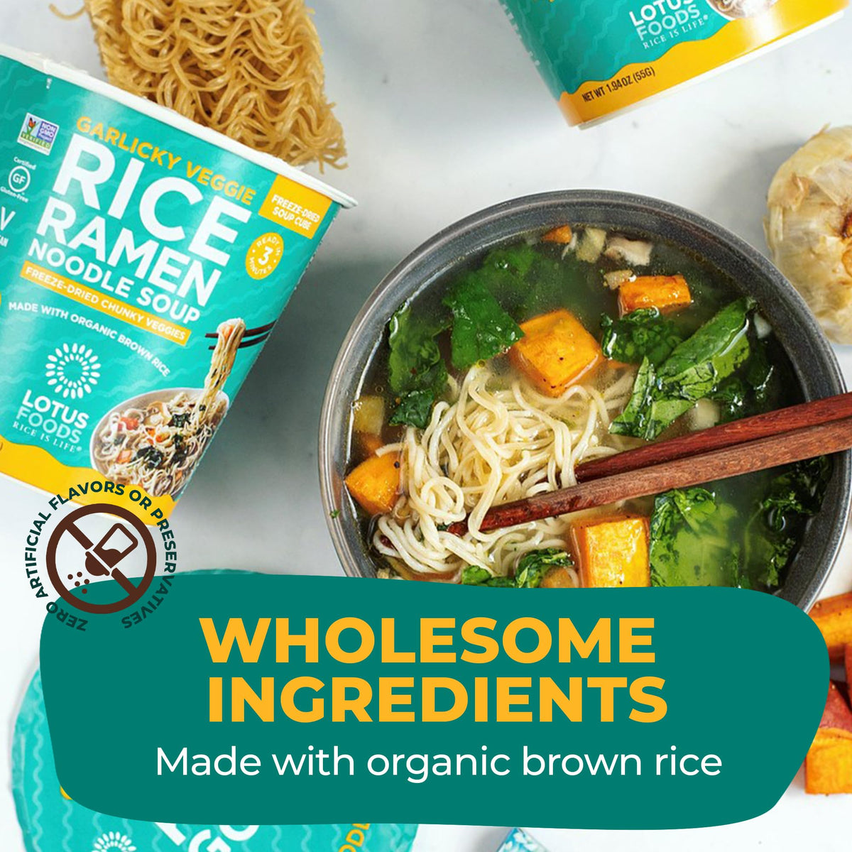Lotus Foods gluten-free, non-GMO vegan cup—clean ingredients you can trust.
