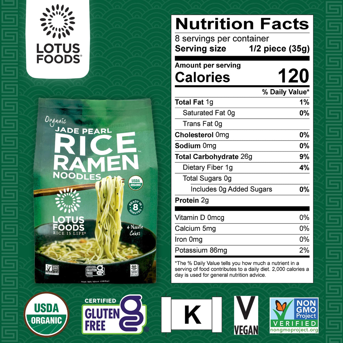 Lotus Foods Jade Pearl Ramen cooking image showing 8 minute readiness for busy evenings