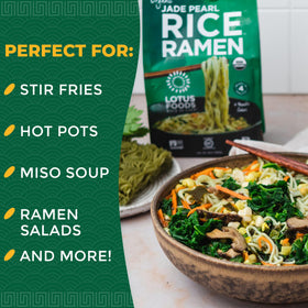 Lotus Foods Jade Pearl Ramen ingredients featuring organic rice and greens for a clean base