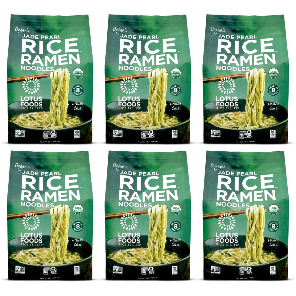 Lotus Foods Jade Pearl Ramen pack image showing convenient gluten free noodles for quick weeknight meals