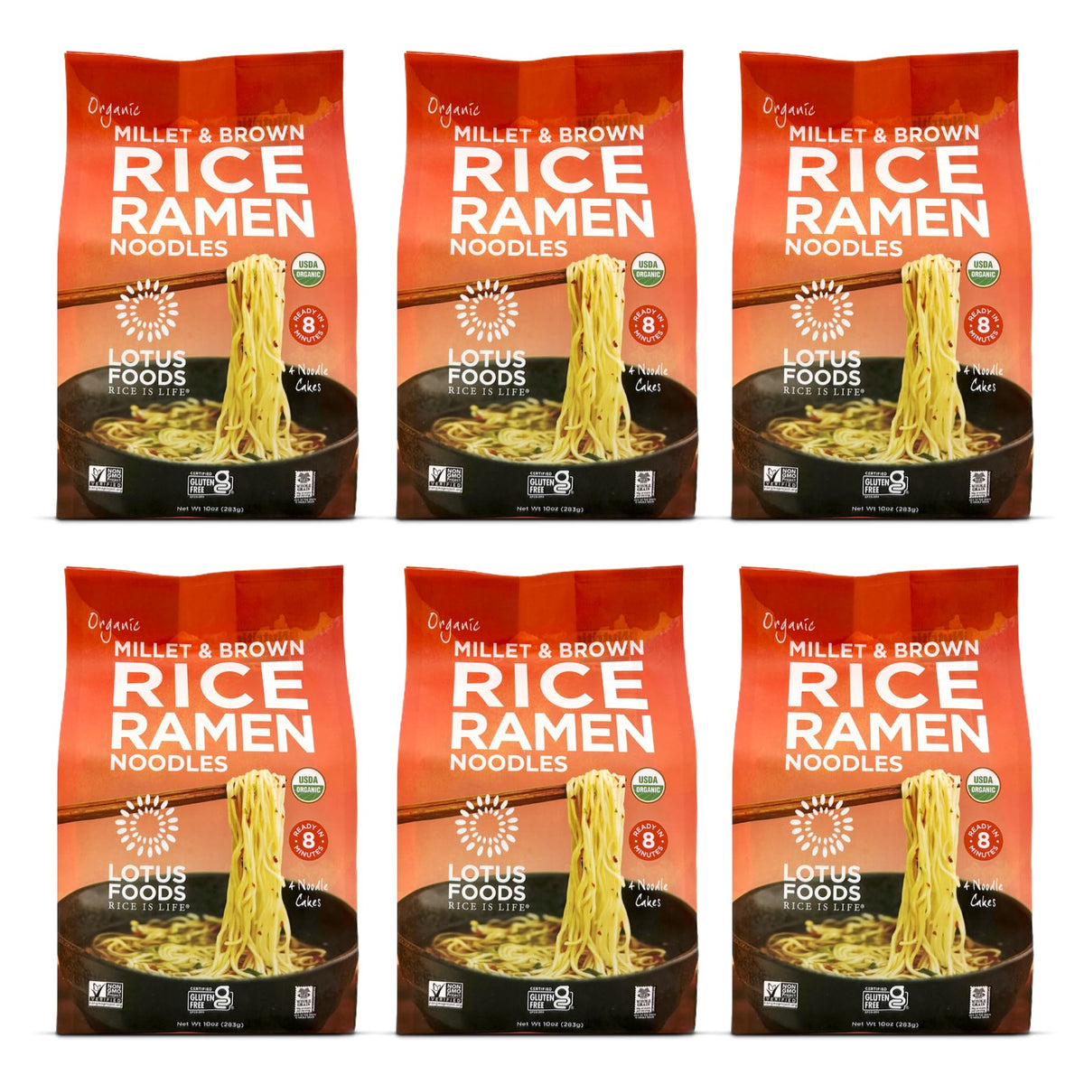 Lotus Foods millet and brown rice ramen pack front view, gluten-free and convenient.