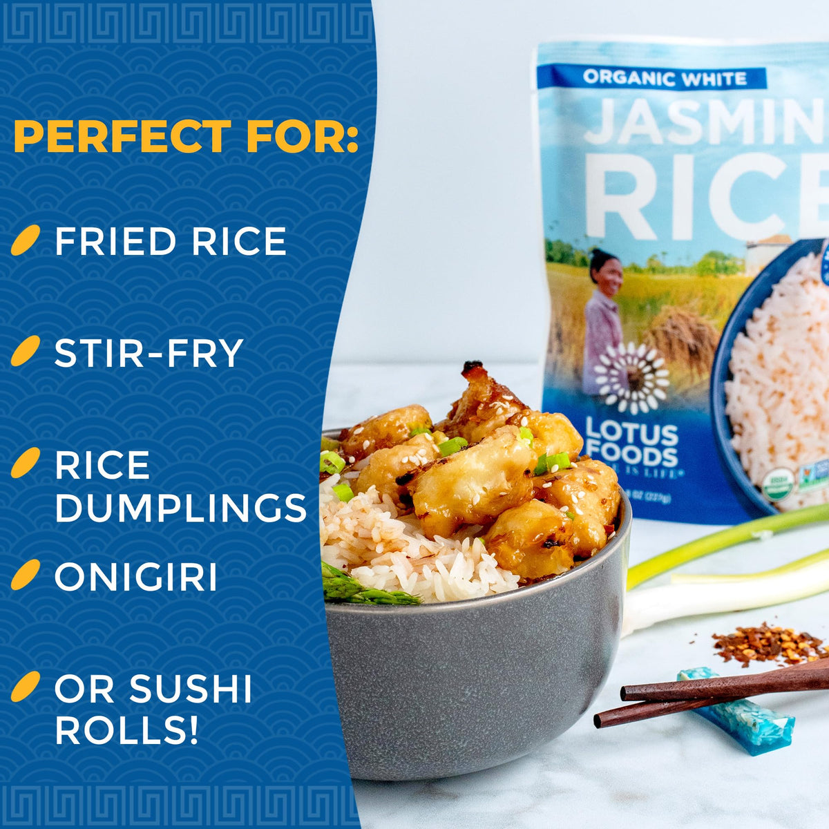 Lotus Foods non-GMO vegan certification on packaging signals purity