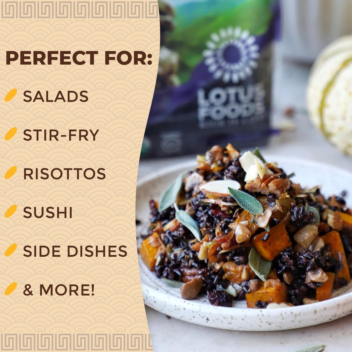 Lotus Foods organic black rice in bowl, antioxidant-rich grains for balanced meals.