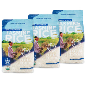 Lotus Foods Organic White Jasmine Rice aroma in bag highlighting gluten-free quality.